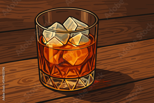 Aromatic Whiskey Bourbon Drink Served in Crystal Old Fashioned Rocks Glass with Melting Ice Cubes on Rustic Wooden Table. Classic Alcohol Beverage Vector Cartoon Illustration for Bar, Pub, Lounge.