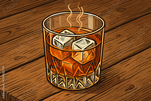 Aromatic Whiskey Bourbon Scotch Alcohol in Crystal Old Fashioned Glass with Ice Cubes on Rustic Wooden Table. Classic Bar Pub Drink Vector Cartoon Illustration.