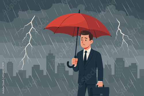 Worried businessman holds red umbrella over head in stormy city with heavy rain, lightning, symbolizing business crisis, financial downturn, insurance, and protection from economic risk and challenge.