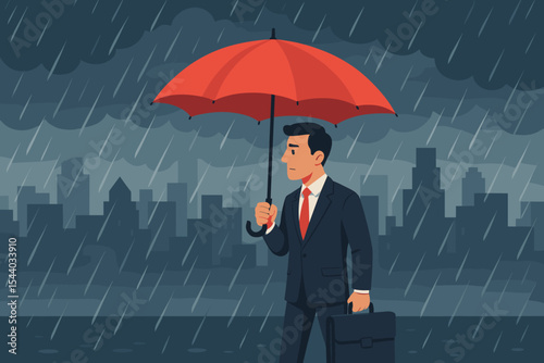 Professional businessman holding red umbrella in heavy rain over dark stormy city, representing business crisis, economic downturn, financial protection, insurance, and navigating challenges.