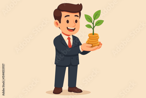 Happy Businessman Holding Tree Sprout Growing from Golden Coins, Symbolizing Investment Growth, Financial Success, Money Saving, Wealth, and Sustainable Business Strategy. Vector Cartoon Illustration.