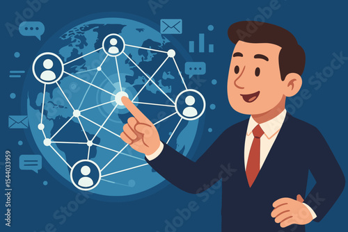 Global Business Connectivity: Businessman Interacting with Digital Network Screen. Worldwide Data, Customer Communication, Online Management, Internet Technology, Modern Strategy Vector Illustration