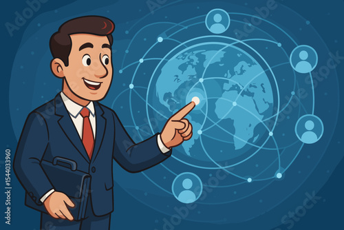 Happy businessman interacting with global data network on digital screen for customer connectivity, worldwide communication. Cartoon vector illustration of internet technology, global business.