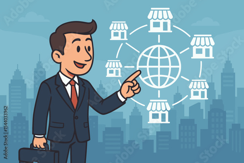 Global Franchise Network Expansion: Happy Businessman pointing to worldwide interconnected shops on city background. Cartoon Vector Illustration for Business Growth & Marketing Strategy.