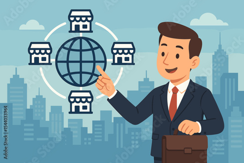 Businessman pointing global franchise marketing system. World network, store icons, city background. Worldwide business expansion, retail chain, flat vector illustration.