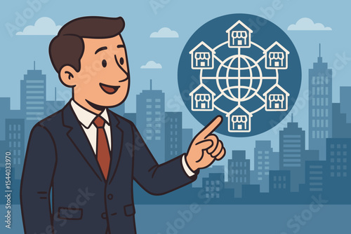 Cartoon businessman pointing at global franchise marketing system network icon on city urban cityscape background. Worldwide retail business expansion strategy concept vector illustration.