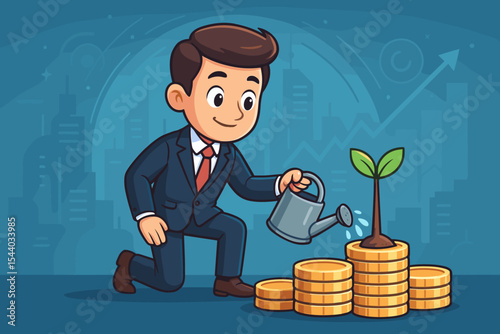 Businessman Nurturing Financial Growth and Investment: Cartoon Man Watering Money Tree Sprout on Gold Coins. Concept of Wealth, Savings, Business Development, and Future Prosperity.