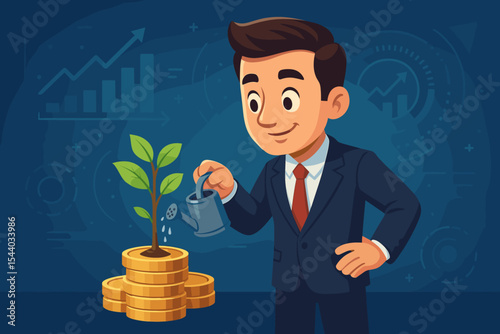 Businessman nurturing money tree sprout on coins. Concept of investment, financial growth, and business success. Cartoon investor watering plant for profit and savings. ROI metaphor.