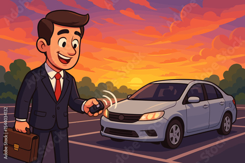Cartoon businessman with briefcase using remote control key fob to unlock car. Vector concept of keyless entry, smart key technology, and auto security in a parking lot at sunset.
