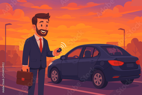 Businessman unlocking his car with a remote control smart key fob in a city parking lot at sunset. Man with briefcase using keyless entry. Car security alarm system concept vector.