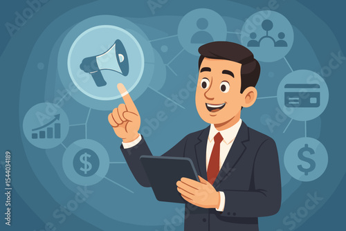Businessman managing digital marketing strategy on a tablet. Virtual interface with icons for promotion, financial growth, online payment, and customer analytics. E-commerce concept.