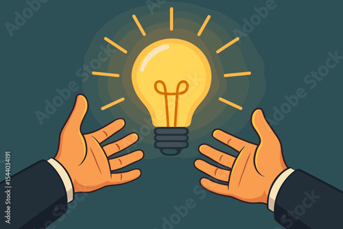 Businessman hands reaching for a glowing light bulb. Concept of new idea, innovation, inspiration, and creativity. Business solution and problem-solving vector illustration.