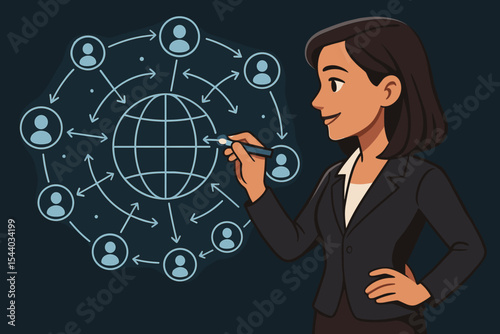 Businesswoman drawing global network connections on a futuristic interface. Vector concept of customer data exchange, marketing strategy, communication technology, and social media.