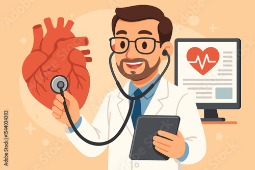 Expert cardiologist doctor listening to human heart with stethoscope, diagnosing cardiac condition on digital tablet, providing modern medical treatment. Flat vector healthcare illustration.
