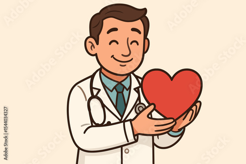 Caring doctor holding red heart symbol. Concept of compassionate healthcare, cardiology, and medical donation. Friendly physician character with stethoscope. Vector cartoon illustration.