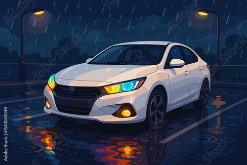 Vibrant LED headlights glow on modern white car in dark rainy city car park at night. Wet ground reflects colorful lights, street scene, bad weather driving, urban transportation vector illustration.