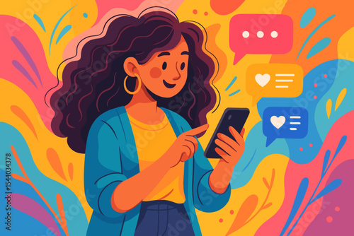 Vibrant cartoon vector illustration of a happy woman interacting with mobile phone, engaging in social media chat, online communication, digital lifestyle, colorful background, internet use.