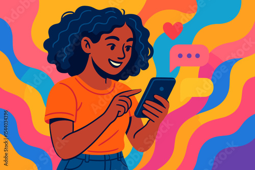 Happy black woman using smartphone for social media, online chat. Smiling girl texting, sending message. Mobile communication, dating app concept with heart, speech bubbles. Vector.