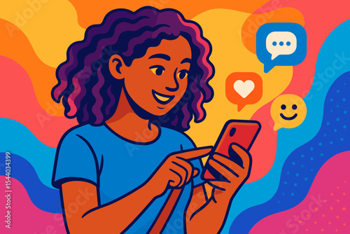 Cheerful diverse young woman happily using smartphone for social media interaction, online chat, and digital communication, vibrant tech lifestyle cartoon vector illustration.
