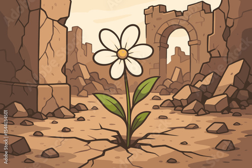 Delicate white flower blooming in cracked earth amidst ancient ruins, a powerful symbol of hope, resilience, and growth overcoming adversity. Cartoon vector illustration.