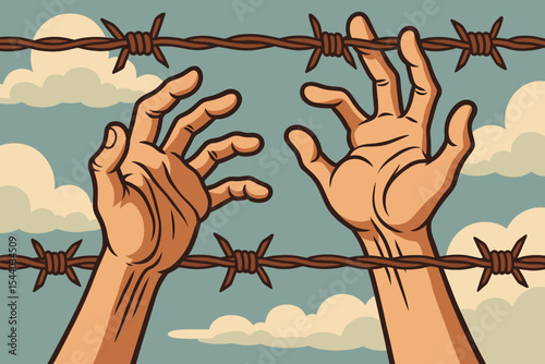 Human hands reaching out through rusty barbed wire fence, symbolizing struggle, longing for freedom, human rights, hope, confinement, overcome barrier, escape. Detailed vector cartoon illustration.