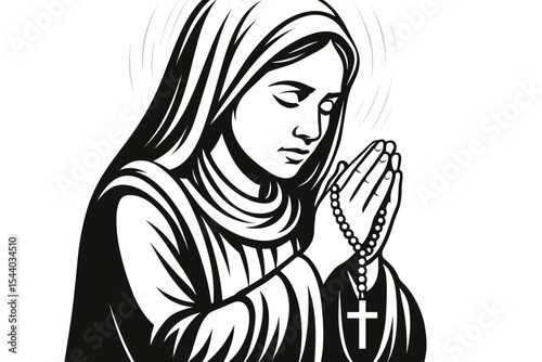 Devout Woman Praying with Rosary Beads, Black and White Religious Vector Art. Humble Female Figure Meditating in Faith. Sacred Christian Spiritual Concept. Holy Mother Mary Catholic Illustration.