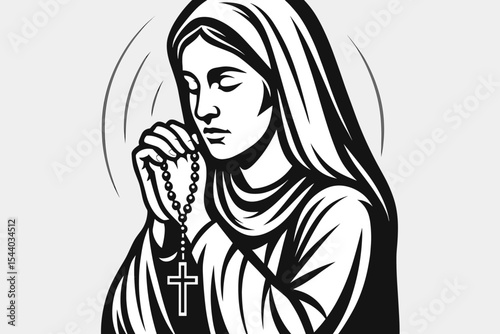 Devout Woman Praying with Rosary Beads, Black and White Religious Concept. Serene Christian Faith, Mary, Madonna, Virgin, Catholic, Spirituality, Worship. Sacred Holy Icon Vector Illustration.