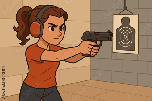 Determined Woman Aiming Pistol at Shooting Range Target. Focused on Marksmanship Skills, Firearm Training, and Self-Defense Practice. Cartoon Vector Illustration.