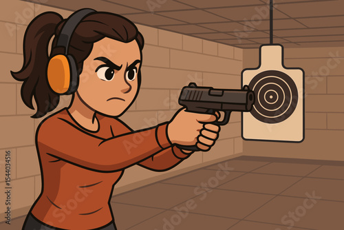 Determined woman aiming pistol at shooting range target. Focused female shooter practicing marksmanship. Concept of firearm training, gun safety, self-defense, skill. Vector cartoon.