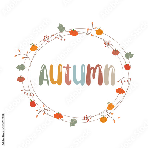 Wreath of pumpkins and rowan branches Autumn pumpkin frame. Autumn circle frame. Round border made of fall pumpking in green and orange. Vector flat isolated on white background	