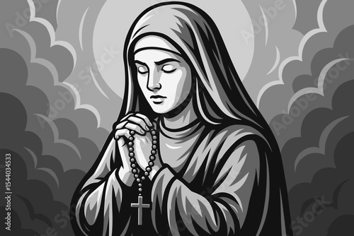 Devout Woman Praying with Rosary Beads, Sacred Monochrome Vector Art. Religious Faith, Hope, Spirituality, Contemplation, Catholic Christianity Icon Illustration.