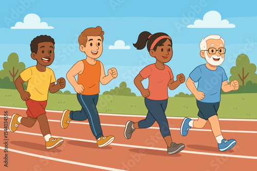 Multigenerational and multiethnic group of people running on a stadium track. Diverse friends, senior and children, jogging together. Concept of healthy lifestyle, fitness, and sport.