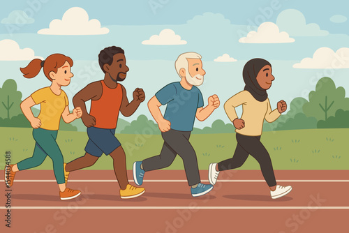 Diverse multiethnic group of people jogging on a running track. Men and women of different ages, including a senior and a Muslim woman, exercising. Healthy lifestyle concept.
