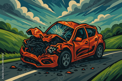 Dramatic Collision, Vibrant Distorted Car Wreckage on Roadside, Shattered Windshield, Crumpled Hood. Vehicle Accident, Road Safety, Insurance Claim. Vector Cartoon Illustration.