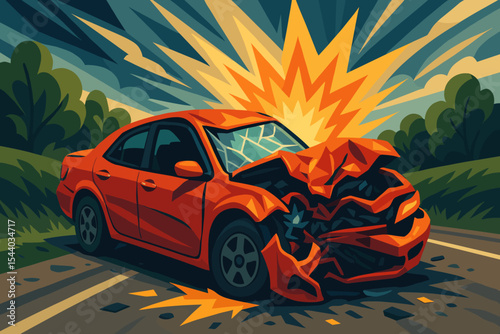 Dramatic Collision Vibrant Distorted Car Wreckage on Roadside Vector Cartoon Illustration. Automobile crash incident with shattered windshield and crumpled hood after dangerous impact on highway.