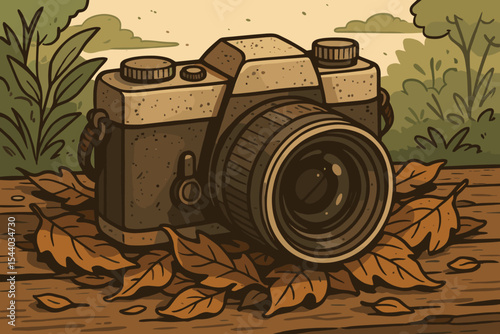 Nostalgic Retro Film Camera with Dusty Texture Resting on Autumn Leaves and Rustic Wooden Surface in Natural Outdoor Setting. Vintage Photography Hobby Vector Cartoon Illustration.