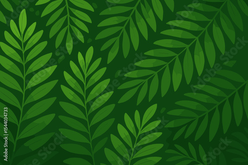 Vibrant Green Tropical Leaves Pattern Background Vector Illustration. Lush Botanical Foliage Texture. Eco Nature Concept for Design, Wallpaper, Banner. Abstract Modern Floral Motif.