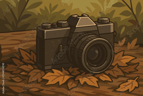 Nostalgic Vintage Film Camera Vector Illustration. Retro Analog Photography Device Resting on Dry Autumn Leaves, Wooden Log Surface in Nature. Cartoon Graphic of Classic Hobby Art Outdoors.