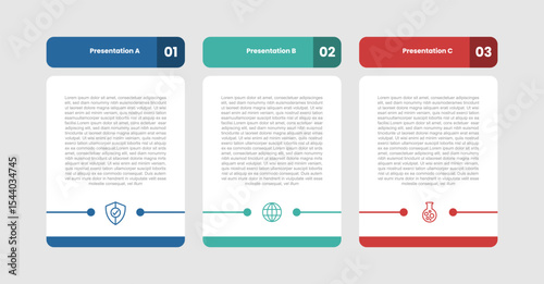 3 stage infographic diagram with round box table with separated header with 3 step for slide presentation