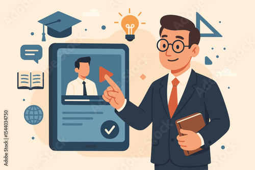 Businessman Engaged in E-Learning Virtual Interface, Online Education, Digital Classroom, Distance Learning Platform, Remote Training, Professional Development, Cartoon Vector Illustration