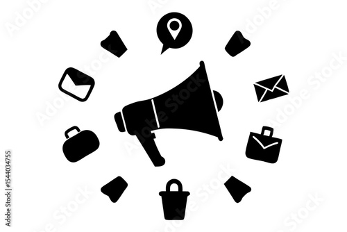Megaphone Surrounded by Social Media & Shopping Icons – Digital Marketing & E-Commerce Concept