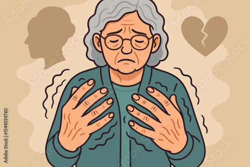 Senior Woman Hands Showing Parkinson’s Disease Tremors, Elderly Health Care Concept, Aging Disorder, Shaking, Mental Health, Neurology, Emotional Stress. Vector Cartoon Illustration
