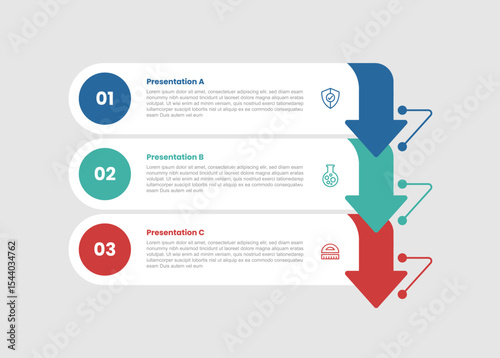 3 stage infographic diagram with round rectangle box with arrow bottom direction with 3 step for slide presentation