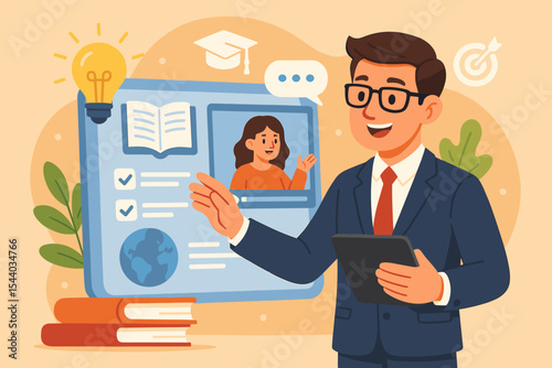 Online Education Learning Concept with Businessman Using Digital Tablet for Virtual Classroom, Remote Teaching, E-Learning Interface, Distance Training, Academic Technology Vector Illustration