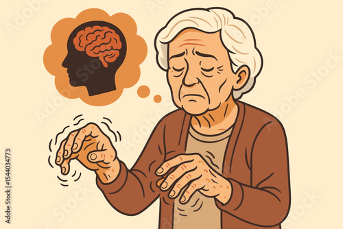 Senior woman with hand tremors illustrating Parkinson's disease symptoms, brain mental health awareness, neurological disorder in elderly, shaking hands, vector cartoon concept illustration