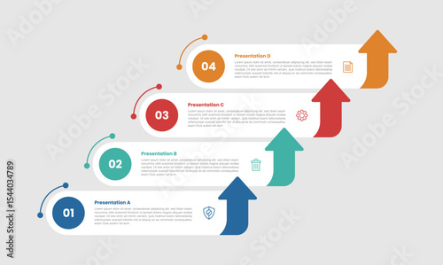 4 stage infographic diagram with round box rectangle step stair case ladder with arrow pointer with 4 step for slide presentation