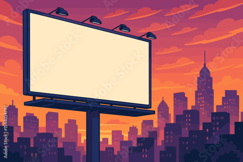 Blank billboard advertising space with city skyline silhouette, vibrant sunset sky, urban outdoor marketing, illuminated signage, creative promotion concept, vector cartoon illustration background