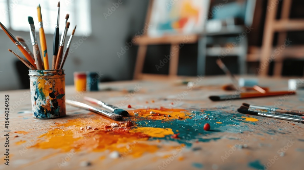 Fototapeta premium An artistic workspace showcasing a vibrant palette surrounded by colorful brushes and paints, inviting creativity and expression in a raw and inspiring environment.