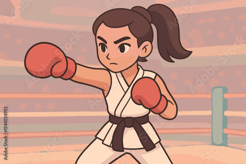Female martial artist in karate gi and boxing gloves training in boxing ring. Sporty woman practicing combat skills. Pastel tone vector illustration. Fitness, self-defense, competition concept