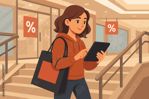 Woman Shopping with Tablet in Modern Mall, Big Sale Signs, Shopping Bag, Digital Consumer, Retail Discount, Urban Lifestyle, Vector Illustration, Contemporary Commerce Concept